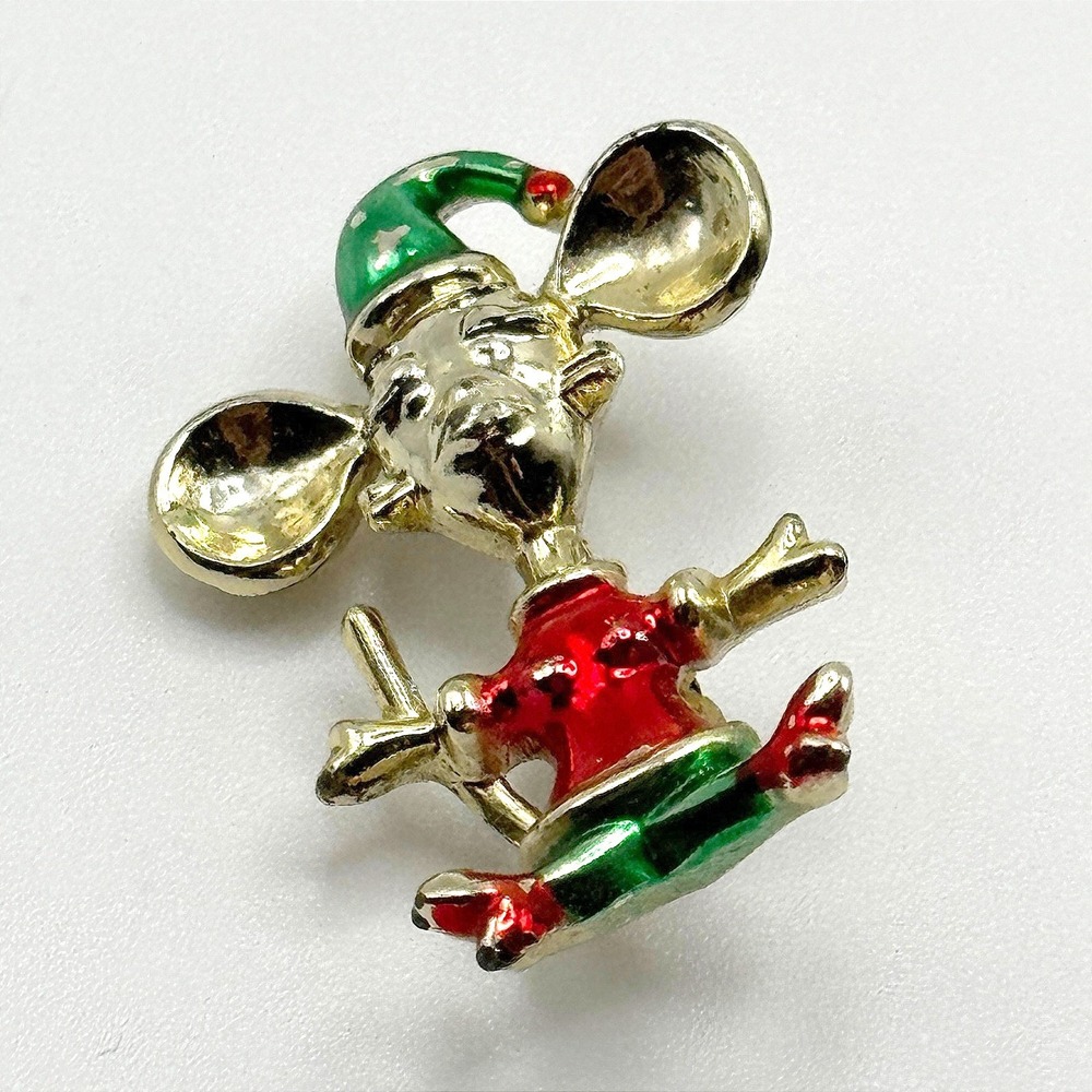 Vintage Christmas Mouse Brooch Red Green Enamel Holiday Pin Whimsical Kitsch